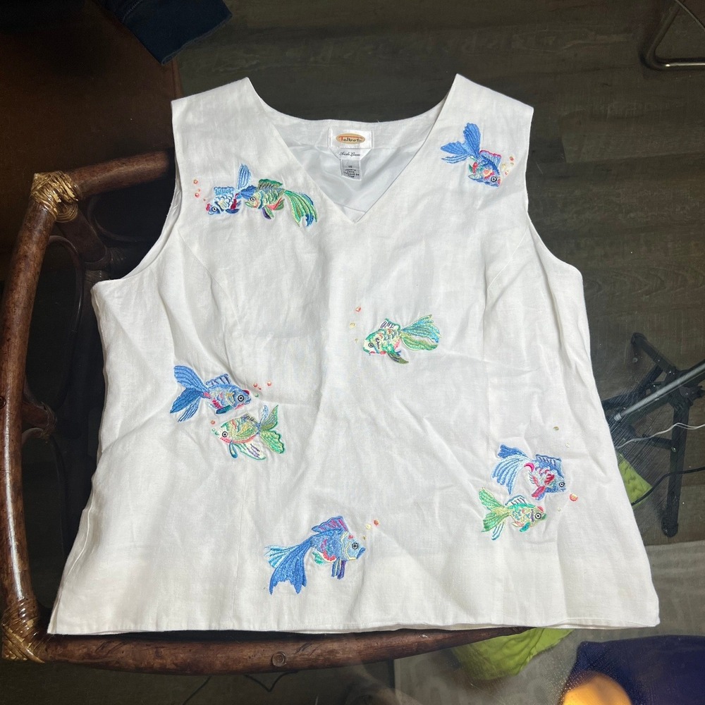 Talbots Irish Linen Women's White Sleeveless Y2K Top Embroidered‎ Fish Size 16